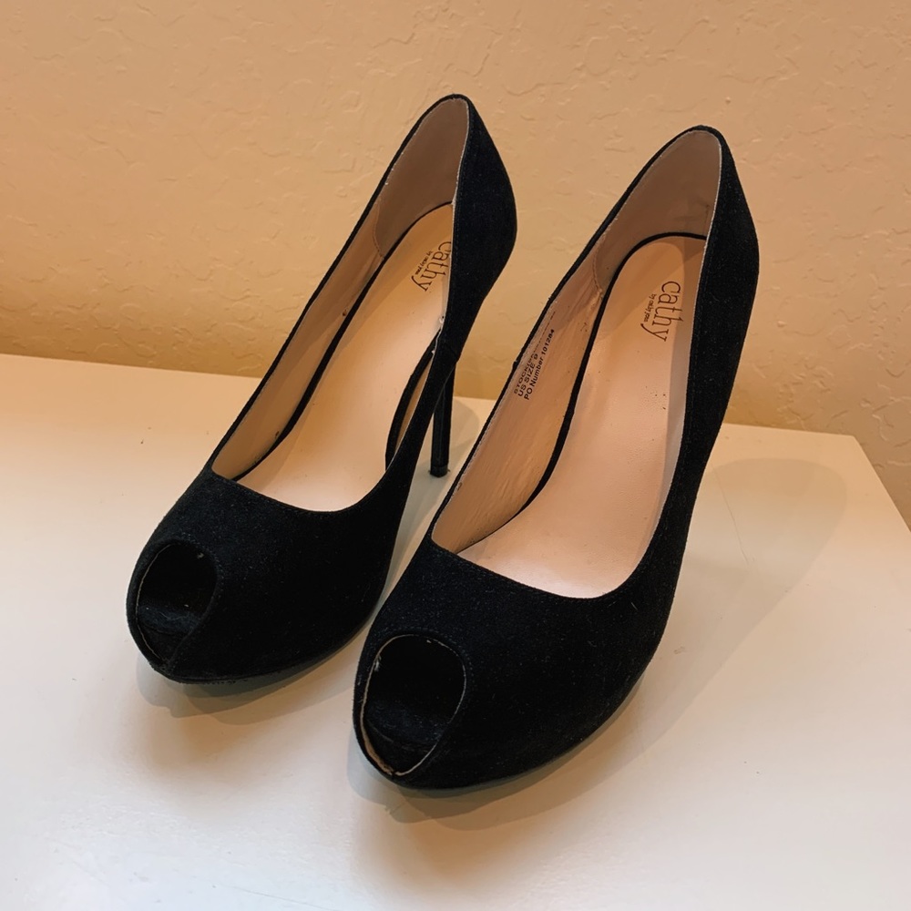 Black velvet peep-toe heels